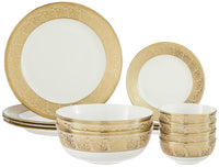 Solimo Ceramic 14 Piece Premium Dinner Set | 4 Dinner Plates, 4 Quarter Plates, 2 Large Bowls & 4 Small Bowls | Golden Floral Strip