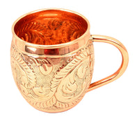 Flower Design Round Copper Moscow Mule Mug Cup, Best For Beer Vodka Cocktail Party, Drinkware, 450 ML (Pack Of 4)